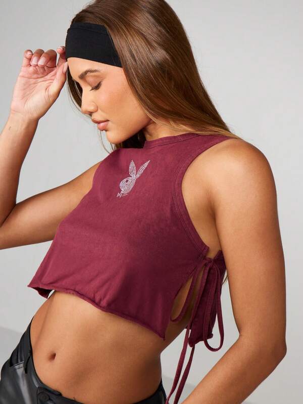 missguided Missguided x Playboy Burgundy Tank With Rhinestone Design