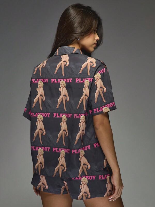 Missguided Missguided X Playboy Button Down Shirt And Shorts Co Ord With Print Pattern