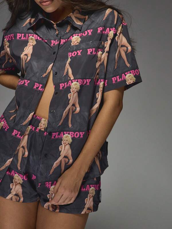 Missguided Missguided X Playboy Button Down Shirt And Shorts Co Ord With Print Pattern