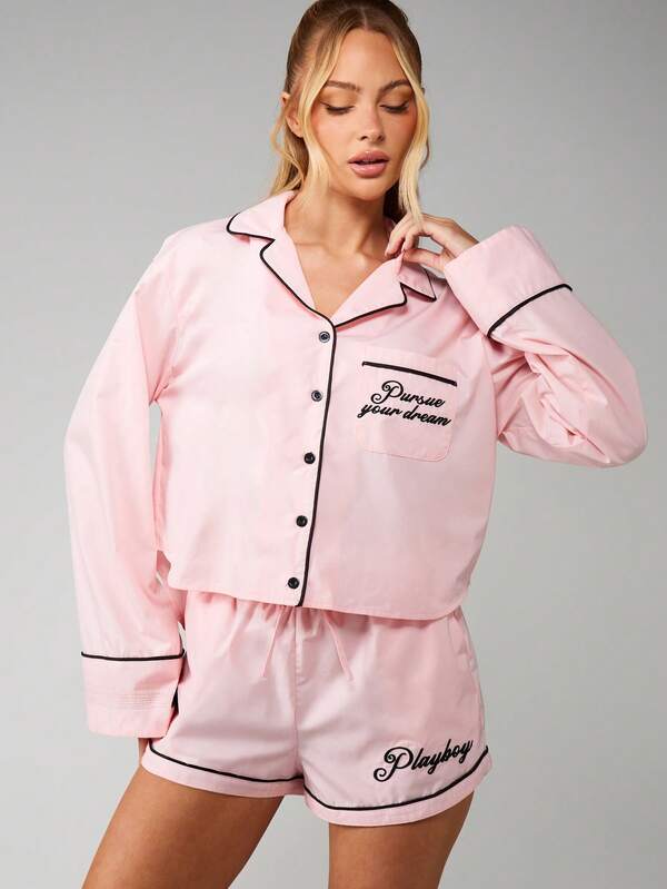 Missguided Missguided X Playboy Button Front Pajama Set With Drawstring Shorts