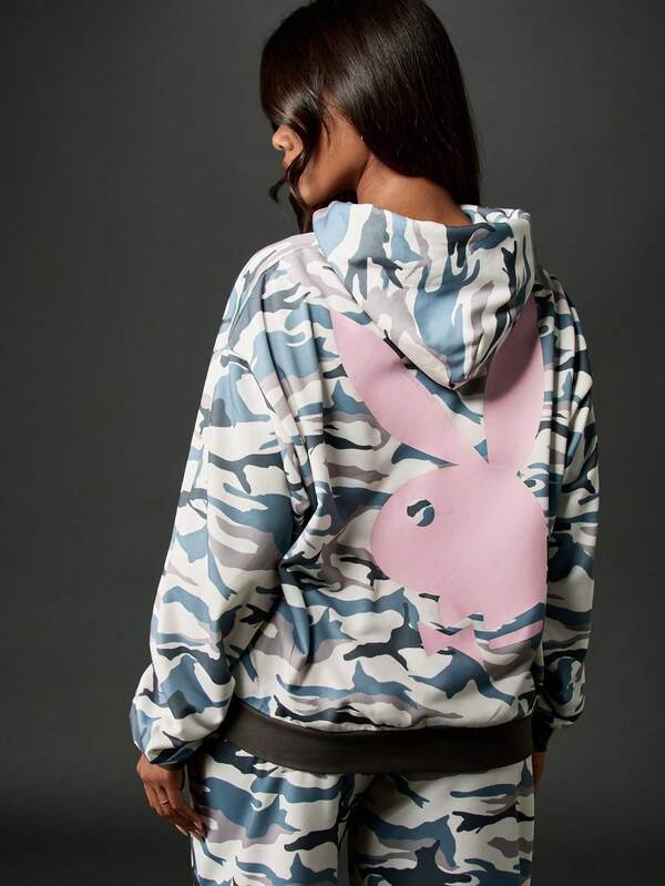 Missguided Missguided X Playboy Camo Print Hoodie With Drawstring And Bunny Logo