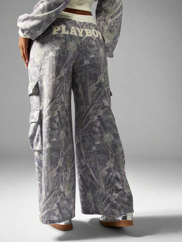 Missguided Missguided X Playboy Camo Wide Leg Cargo Joggers With Pockets