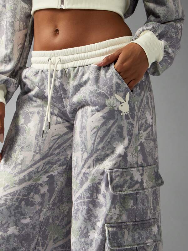 Missguided Missguided X Playboy Camo Wide Leg Cargo Joggers With Pockets