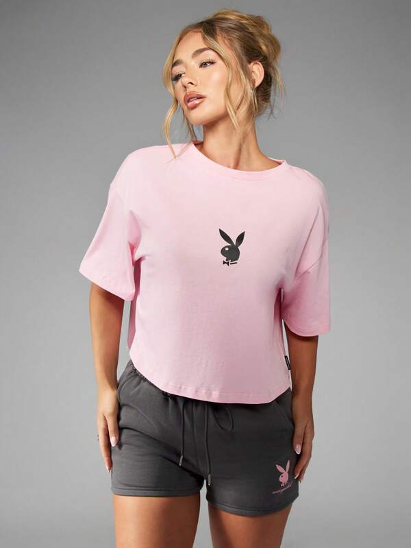 Missguided Missguided X Playboy Casual Cropped Graphic Oversize Short Sleeve Basic Logo Cotton T-Shirt