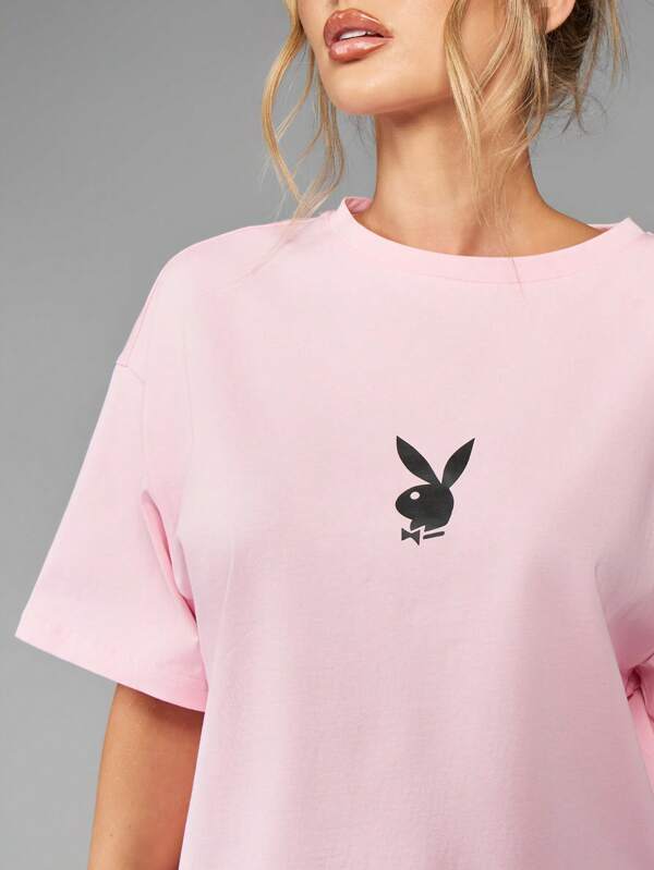 Missguided Missguided X Playboy Casual Cropped Graphic Oversize Short Sleeve Basic Logo Cotton T-Shirt