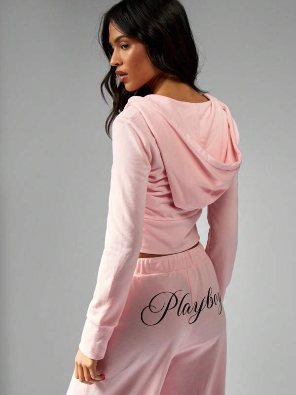 Missguided Missguided X Playboy Casual Full Zip Cropped Sweatshirt Fitted Hoodie Script Design