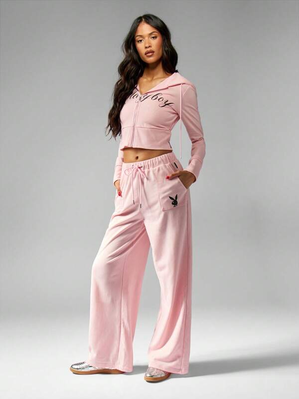 Missguided Missguided X Playboy Casual Full Zip Cropped Sweatshirt Fitted Hoodie Script Design