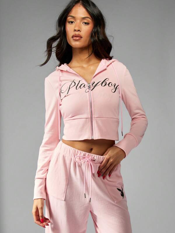 Missguided Missguided X Playboy Casual Full Zip Cropped Sweatshirt Fitted Hoodie Script Design