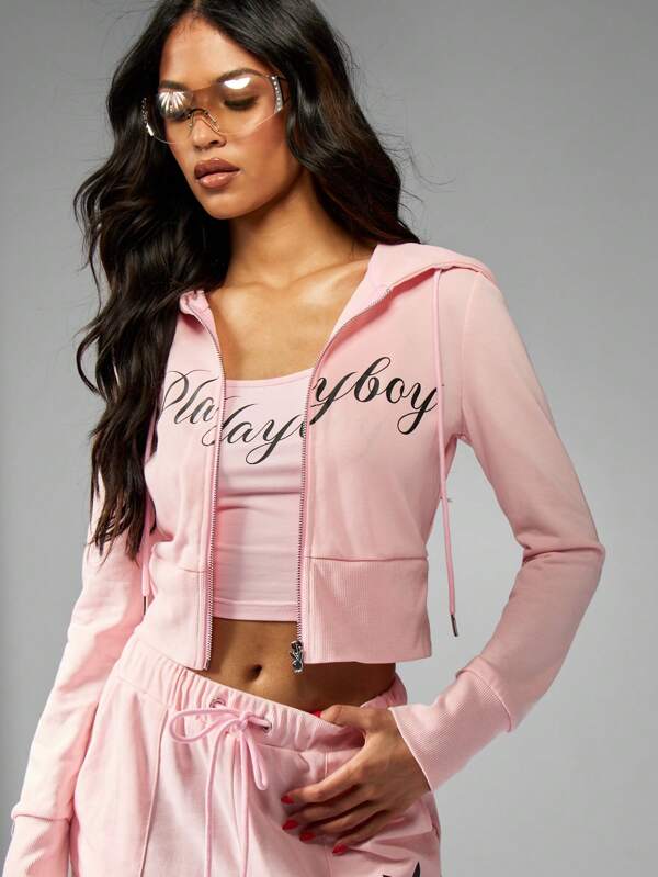 missguided Missguided x Playboy Casual Full Zip Cropped Sweatshirt Fitted Hoodie Script Design
