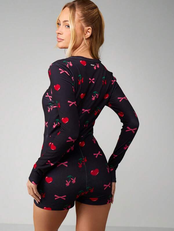 Missguided Missguided X Playboy Cherry And Bow Print Romper With Quarter Zip