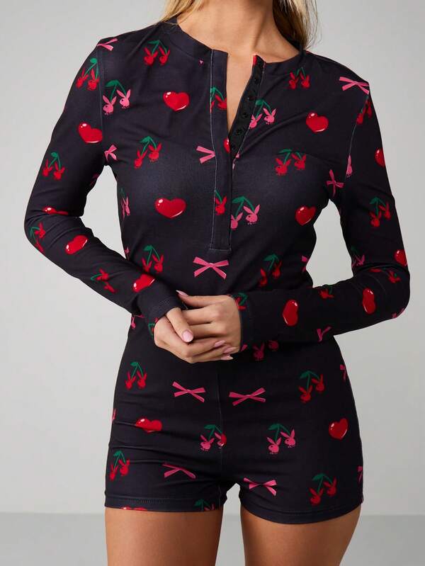 Missguided Missguided X Playboy Cherry And Bow Print Romper With Quarter Zip