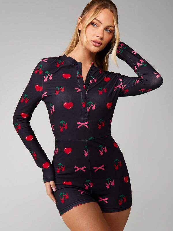 missguided Missguided x Playboy Cherry And Bow Print Romper With Quarter Zip