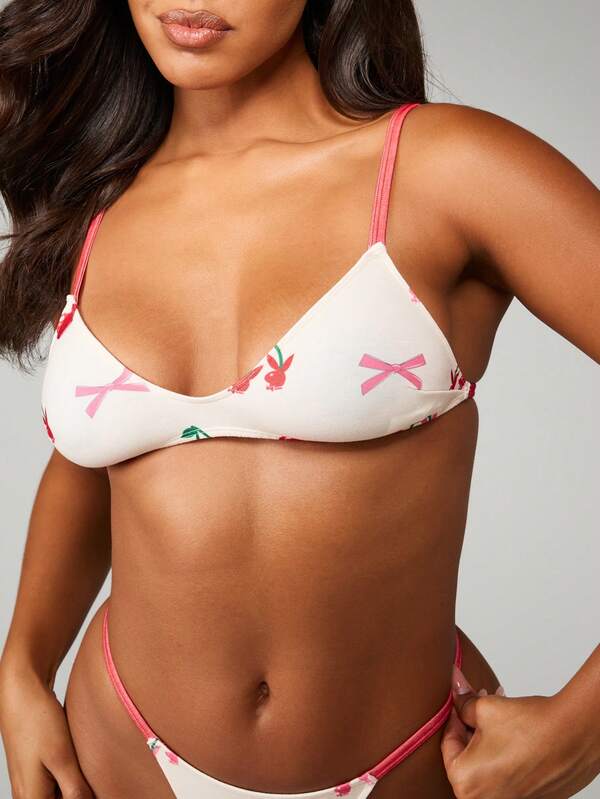 Missguided Missguided X Playboy Cherry Bow Print Bralette And Panty Set