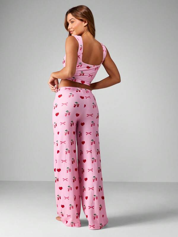 Missguided Missguided X Playboy Cherry Bow Print Crop Tank With Wide Leg Pants