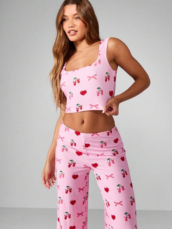 Missguided Missguided X Playboy Cherry Bow Print Crop Tank With Wide Leg Pants