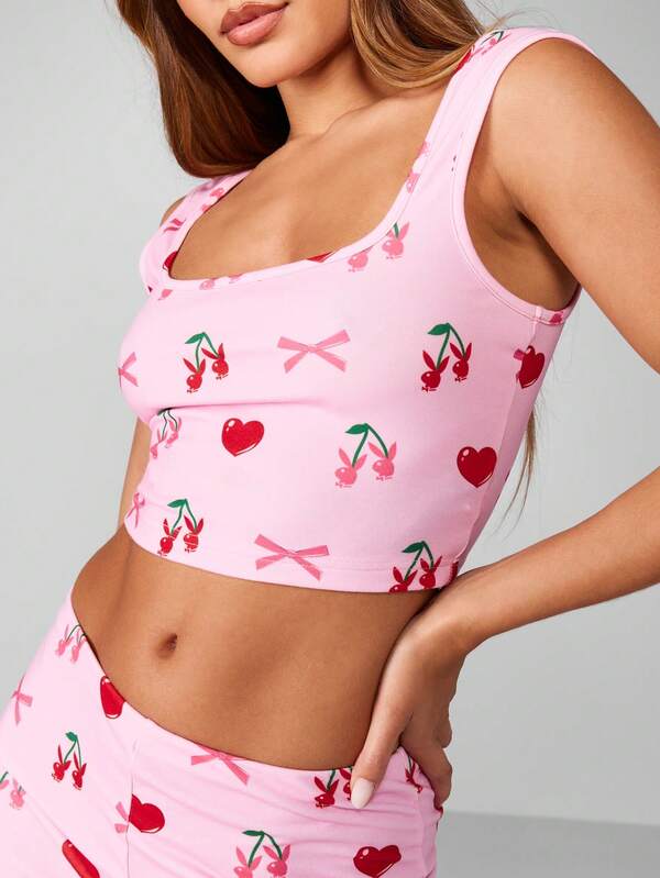 Missguided Missguided X Playboy Cherry Bow Print Crop Tank With Wide Leg Pants