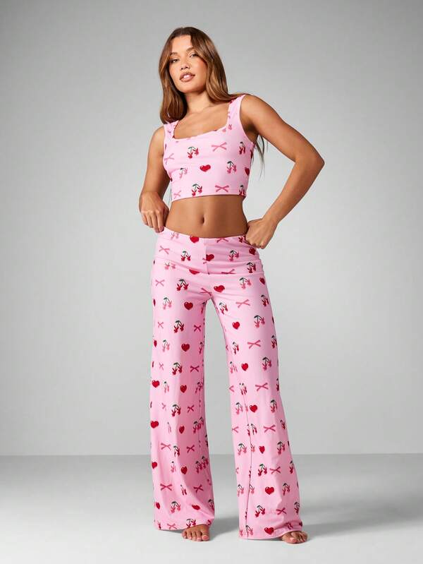 missguided Missguided x Playboy Cherry Bow Print Crop Tank With Wide Leg Pants