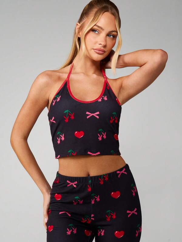 Missguided Missguided X Playboy Cherry Bow Print Halter Pajama Set
