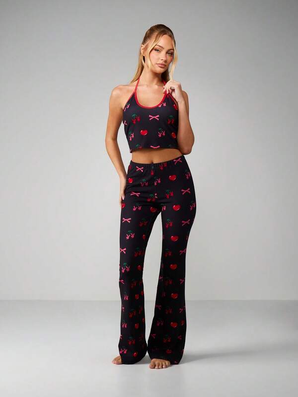 missguided Missguided x Playboy Cherry Bow Print Halter Pajama Set