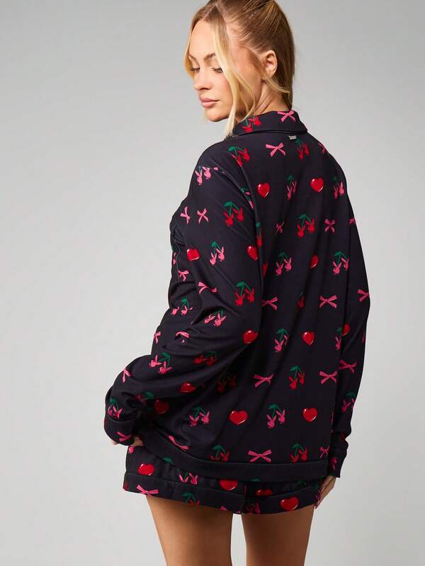 Missguided Missguided X Playboy Cherry Bow Print Pajama Set With Button Front