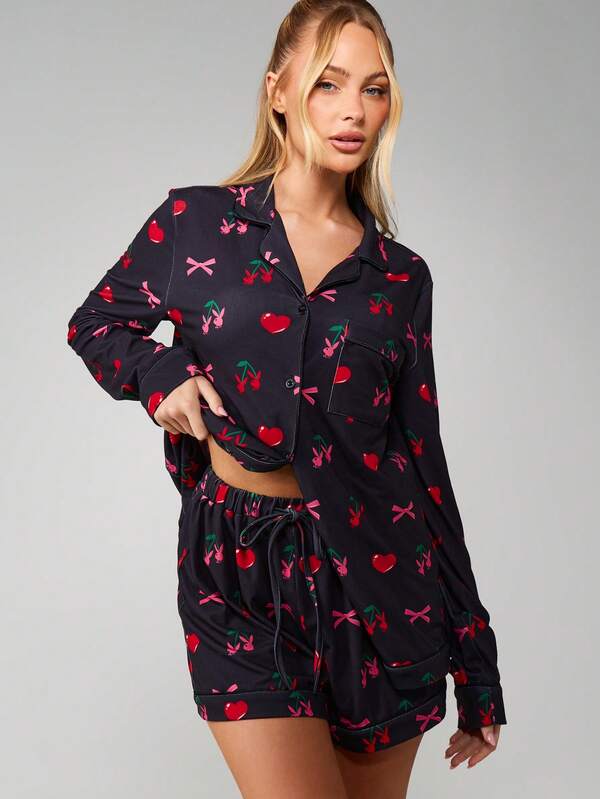 Missguided Missguided X Playboy Cherry Bow Print Pajama Set With Button Front