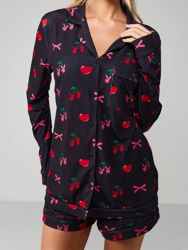 missguided Missguided x Playboy Cherry Bow Print Pajama Set With Button Front
