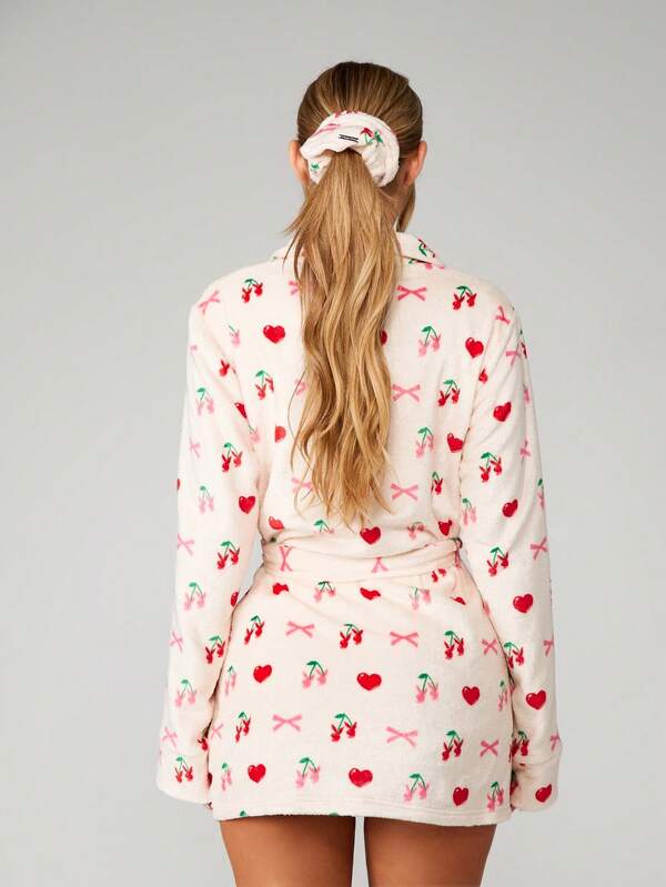 Missguided Missguided X Playboy Cherry Heart Print Satin Robe With Scrunchie