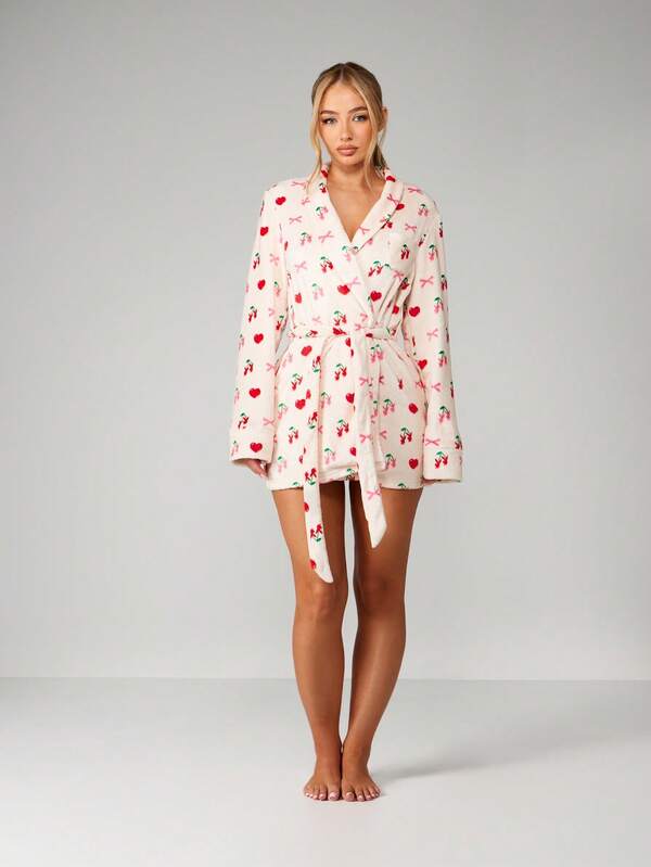Missguided Missguided X Playboy Cherry Heart Print Satin Robe With Scrunchie