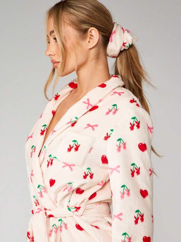Missguided Missguided X Playboy Cherry Heart Print Satin Robe With Scrunchie