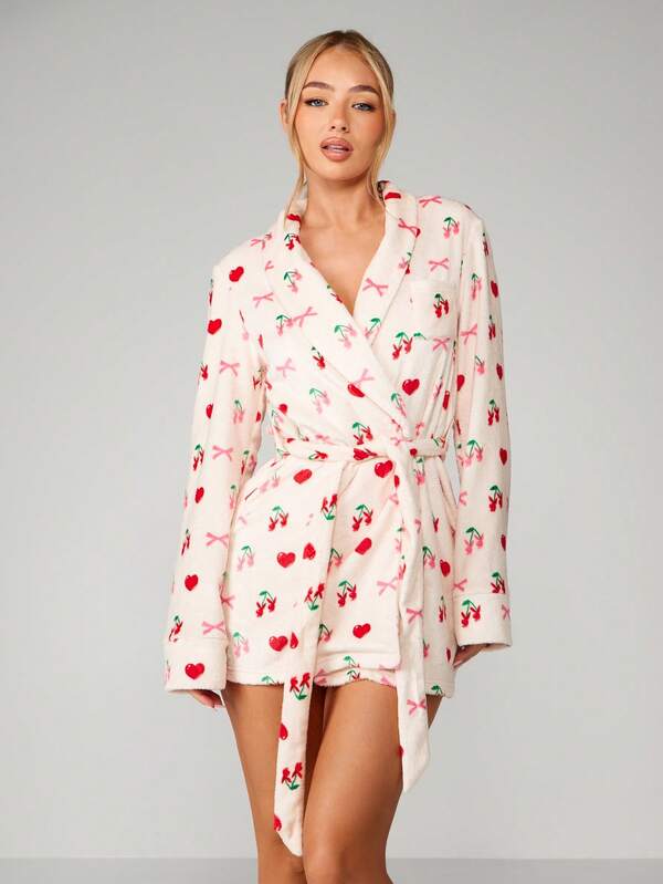 missguided Missguided x Playboy Cherry Heart Print Satin Robe With Scrunchie