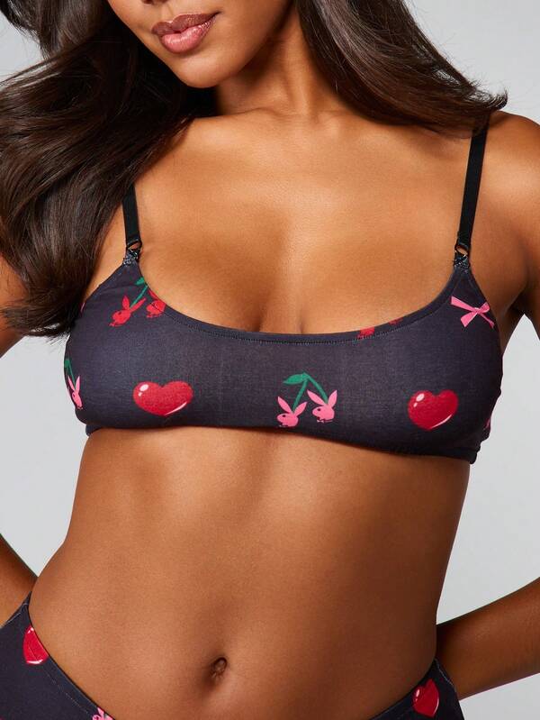 Missguided Missguided X Playboy Cherry Hearts And Bow Print Bralette Set
