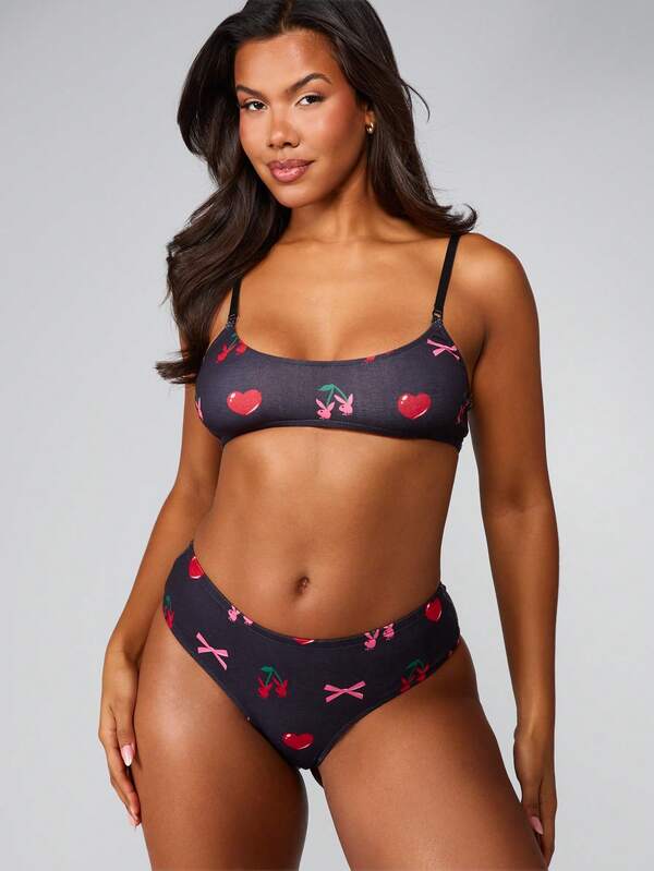 missguided Missguided x Playboy Cherry Hearts And Bow Print Bralette Set
