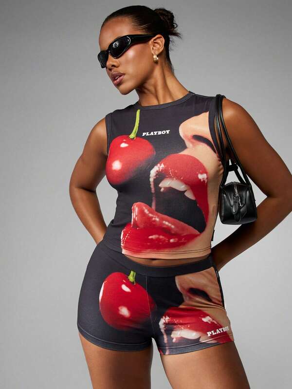 missguided Missguided x Playboy Cherry Lips Print Tank Top