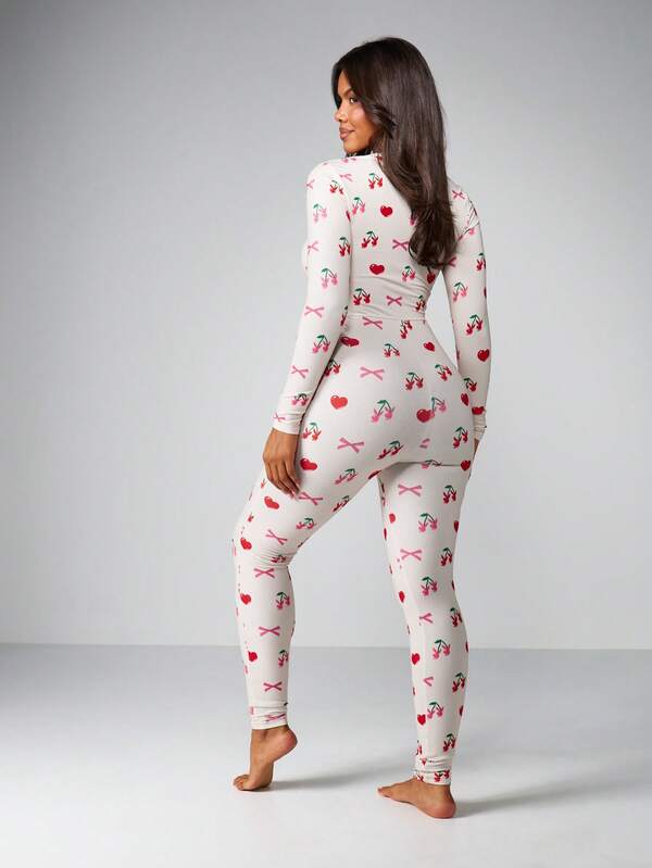 Missguided Missguided X Playboy Cherry Print Button Front Long Sleeve Jumpsuit