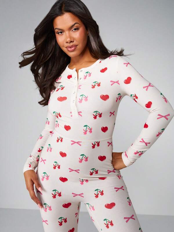 Missguided Missguided X Playboy Cherry Print Button Front Long Sleeve Jumpsuit