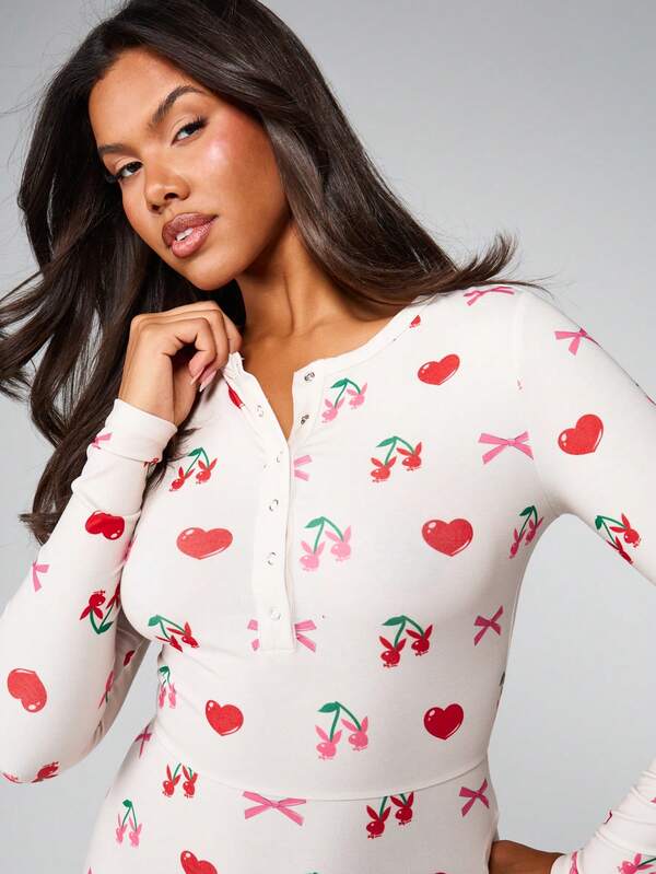 Missguided Missguided X Playboy Cherry Print Button Front Long Sleeve Jumpsuit