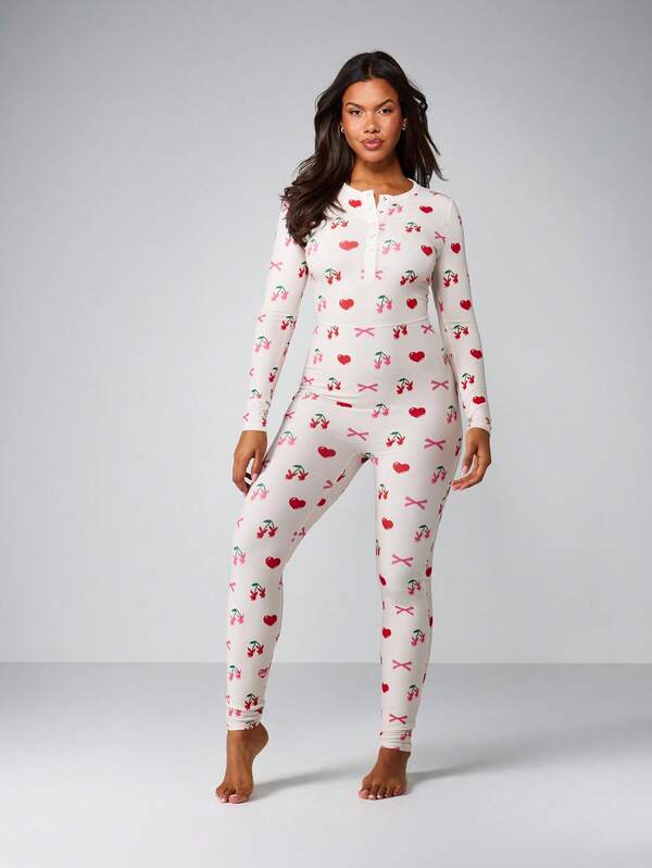 missguided Missguided x Playboy Cherry Print Button Front Long Sleeve Jumpsuit