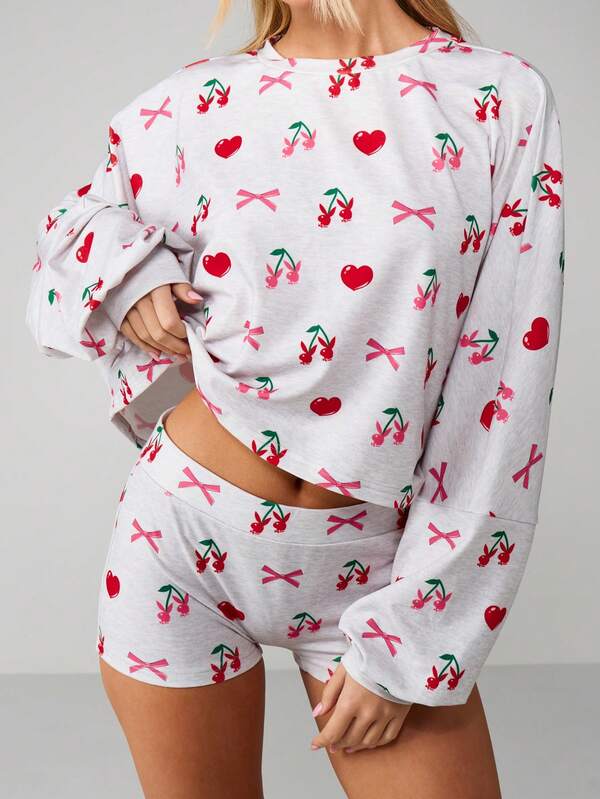Missguided Missguided X Playboy Cherry Print Long Sleeve Pajama Set