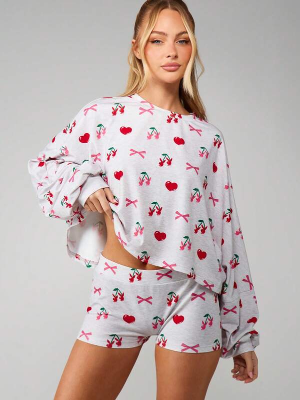 missguided Missguided x Playboy Cherry Print Long Sleeve Pajama Set