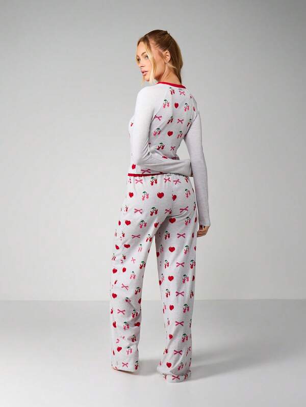 Missguided Missguided X Playboy Cherry Print Pajama Set With Long Sleeves