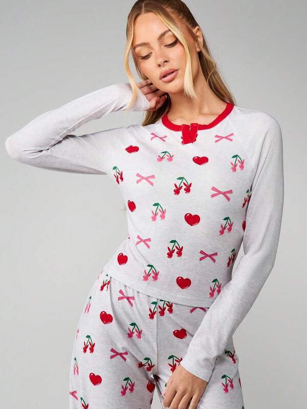 Missguided Missguided X Playboy Cherry Print Pajama Set With Long Sleeves