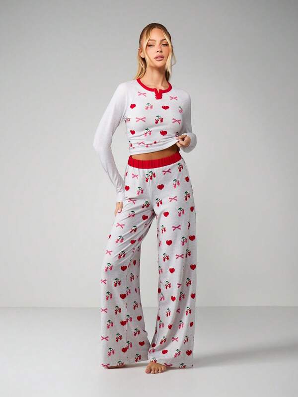 missguided Missguided x Playboy Cherry Print Pajama Set With Long Sleeves