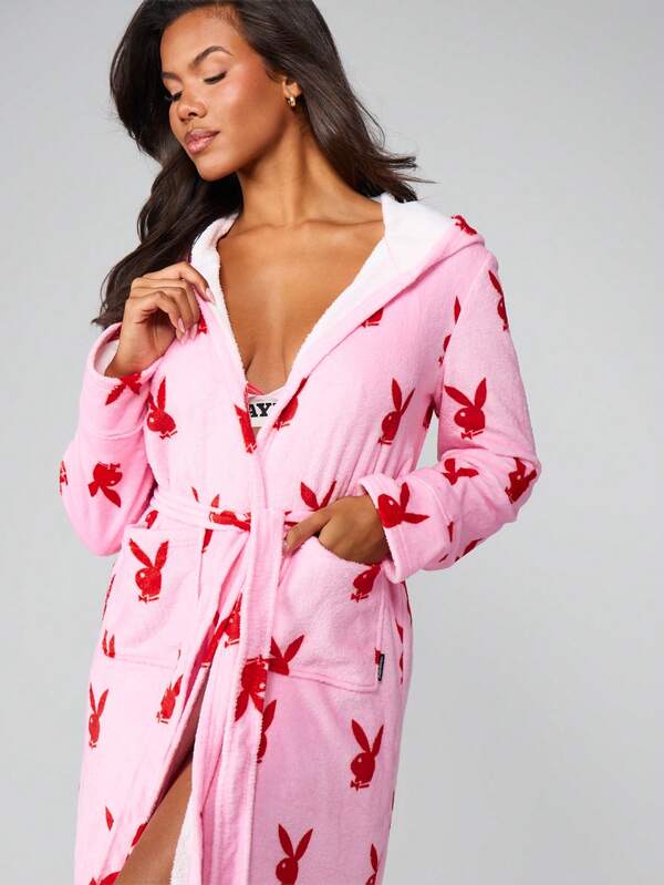 Missguided Missguided X Playboy Christmas Bunny Print Long Robe With Belt