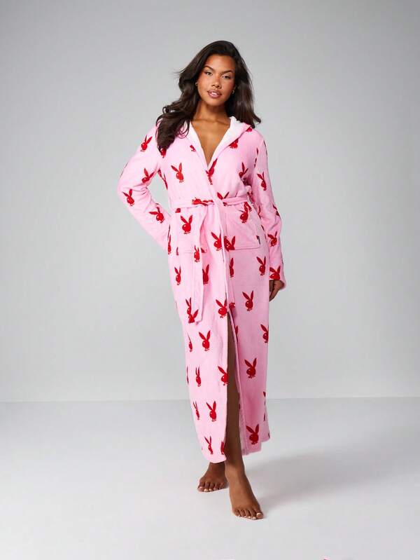 Missguided Missguided X Playboy Christmas Bunny Print Long Robe With Belt