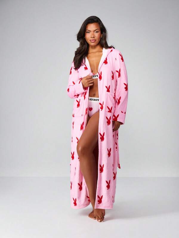 missguided Missguided x Playboy Christmas Bunny Print Long Robe With Belt