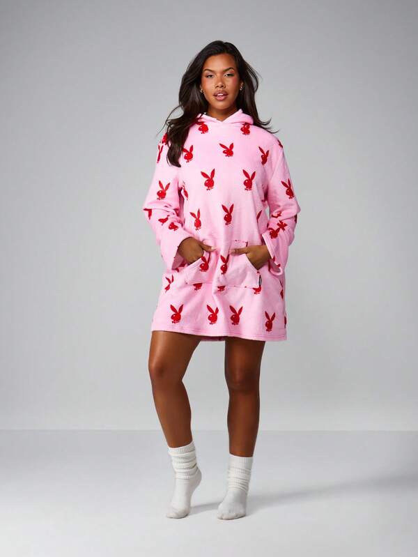 Missguided Missguided X Playboy Christmas Oversized Hoodie Robe With Bunny Print