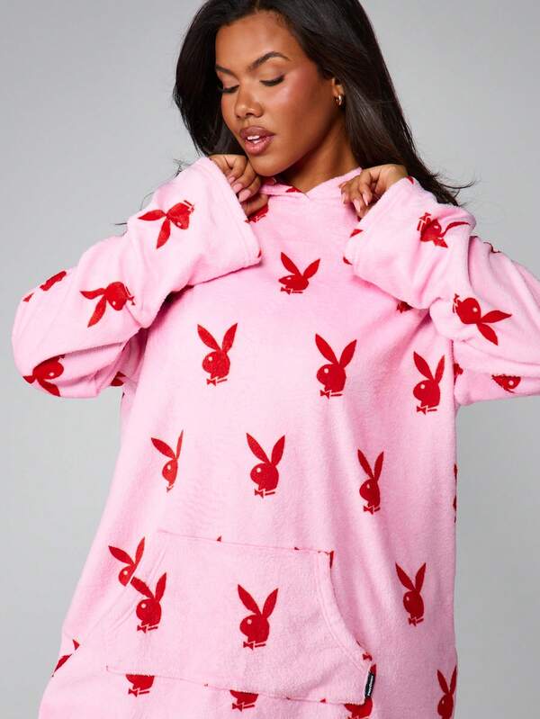 Missguided Missguided X Playboy Christmas Oversized Hoodie Robe With Bunny Print