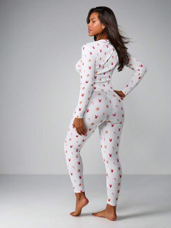 Missguided Missguided X Playboy Christmas Printed Pointelle Pajama Set With Long Sleeves