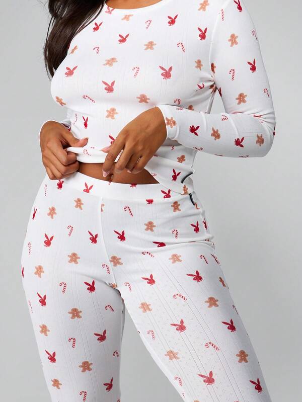 Missguided Missguided X Playboy Christmas Printed Pointelle Pajama Set With Long Sleeves