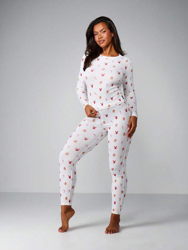 missguided Missguided x Playboy Christmas Printed Pointelle Pajama Set With Long Sleeves